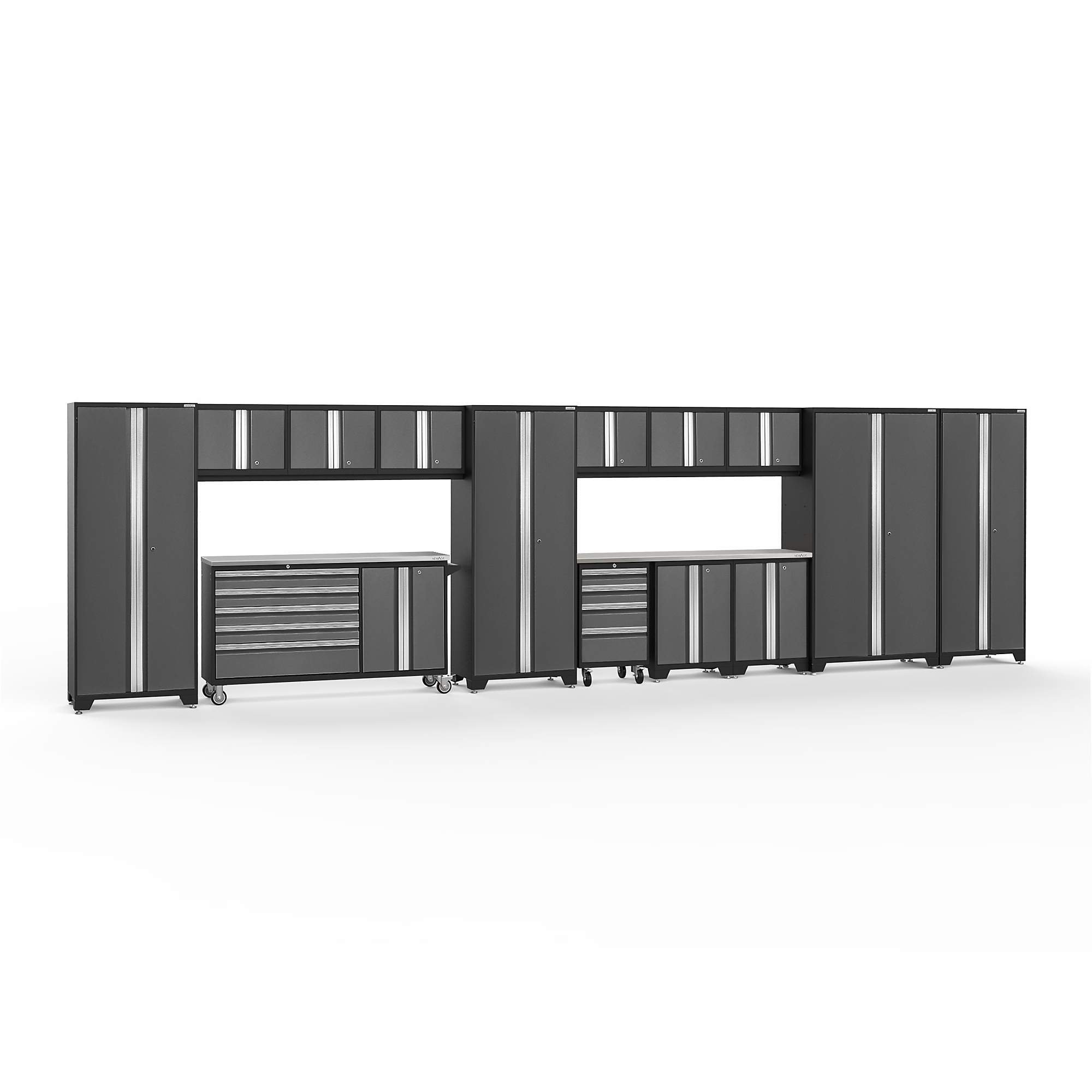NewAge Products, Bold Series Gray 15-Pc. Steel Garage Cabinet Set, Width 276 in, Height 77.25 in, Depth 18 in, Model# 56188